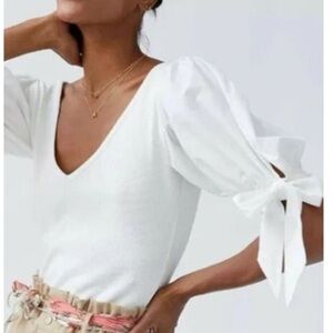 Maeve Anthropologie Puff Sleeve Top | Ivory Ribbed Knit Blouse NWT